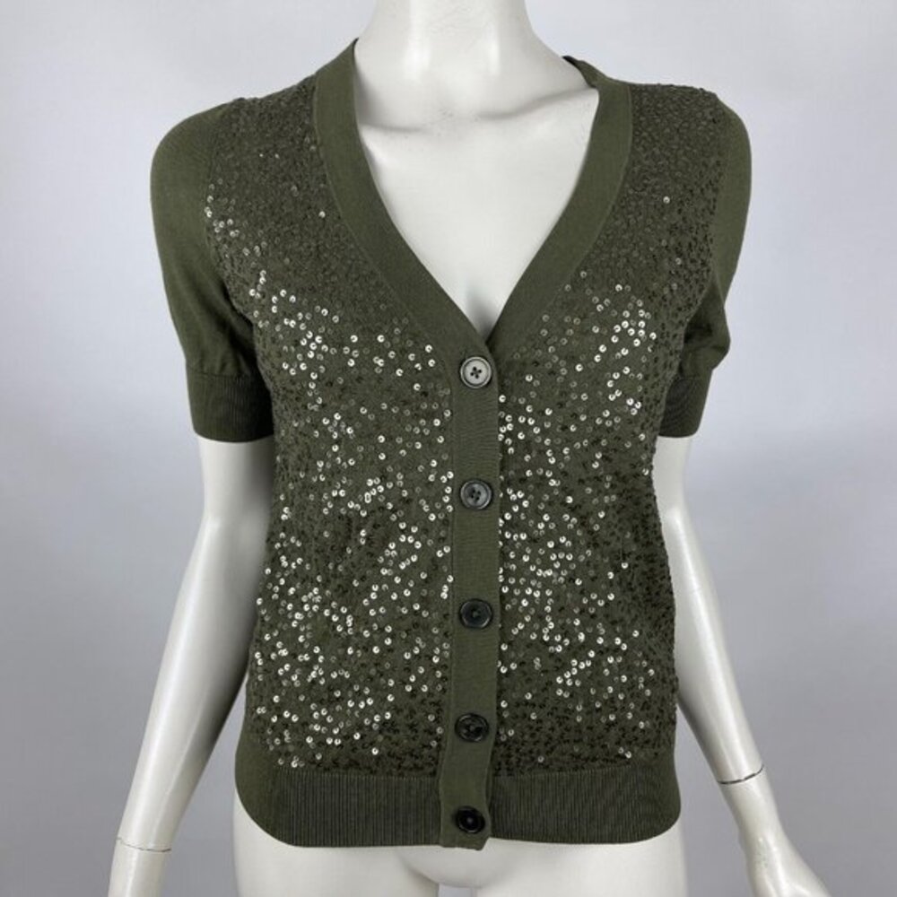 Talbots Short Sleeve Sequin Cardigan Button-up Stretch Cotton Green Women XS NWT
